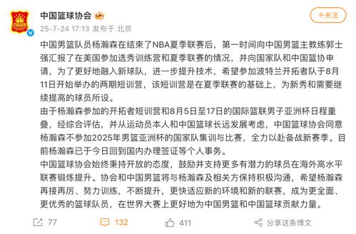 杨瀚森不参加2025年男篮亚洲杯